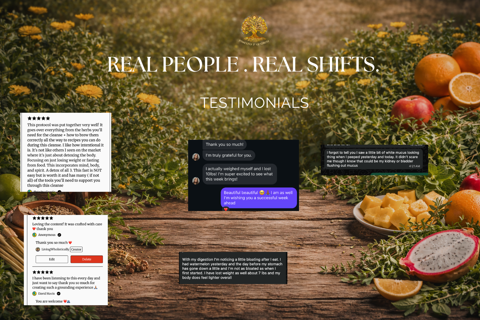 Living Wholistically client testimonial screenshots showing real wellness shifts